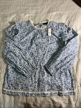 J. Crew White & Blue Floral Crochet-Trim Blouse size M